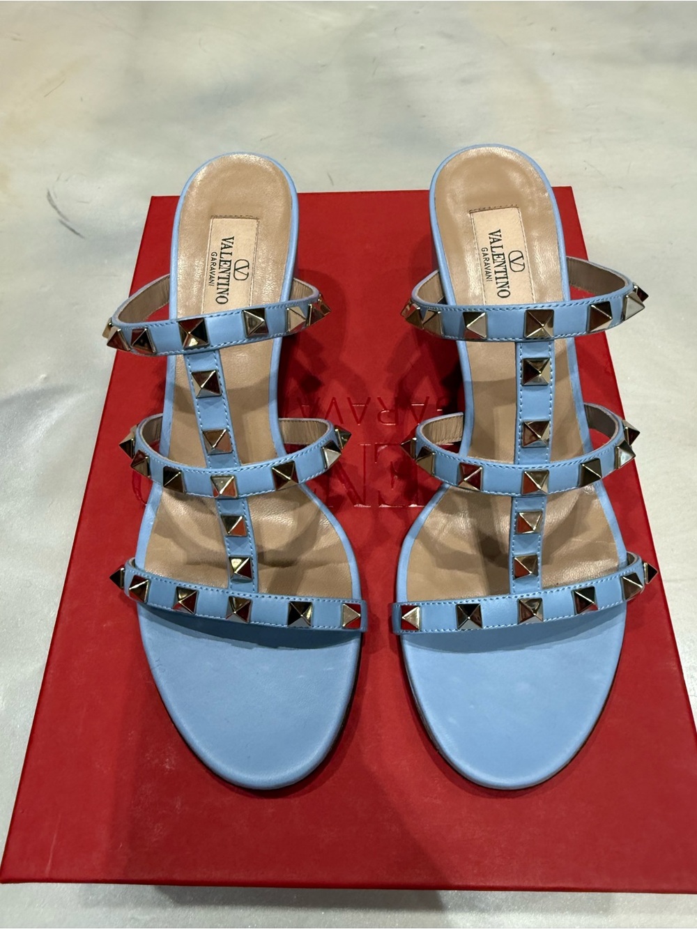 Valentino Garavani Light Blue Rockstud Leather Strappy Heels